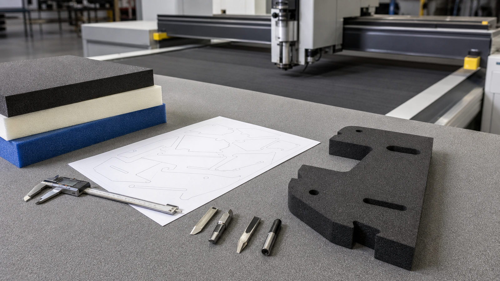 Drawing-to-cut-result workflow beside a RIGO CNC foam cutting machine